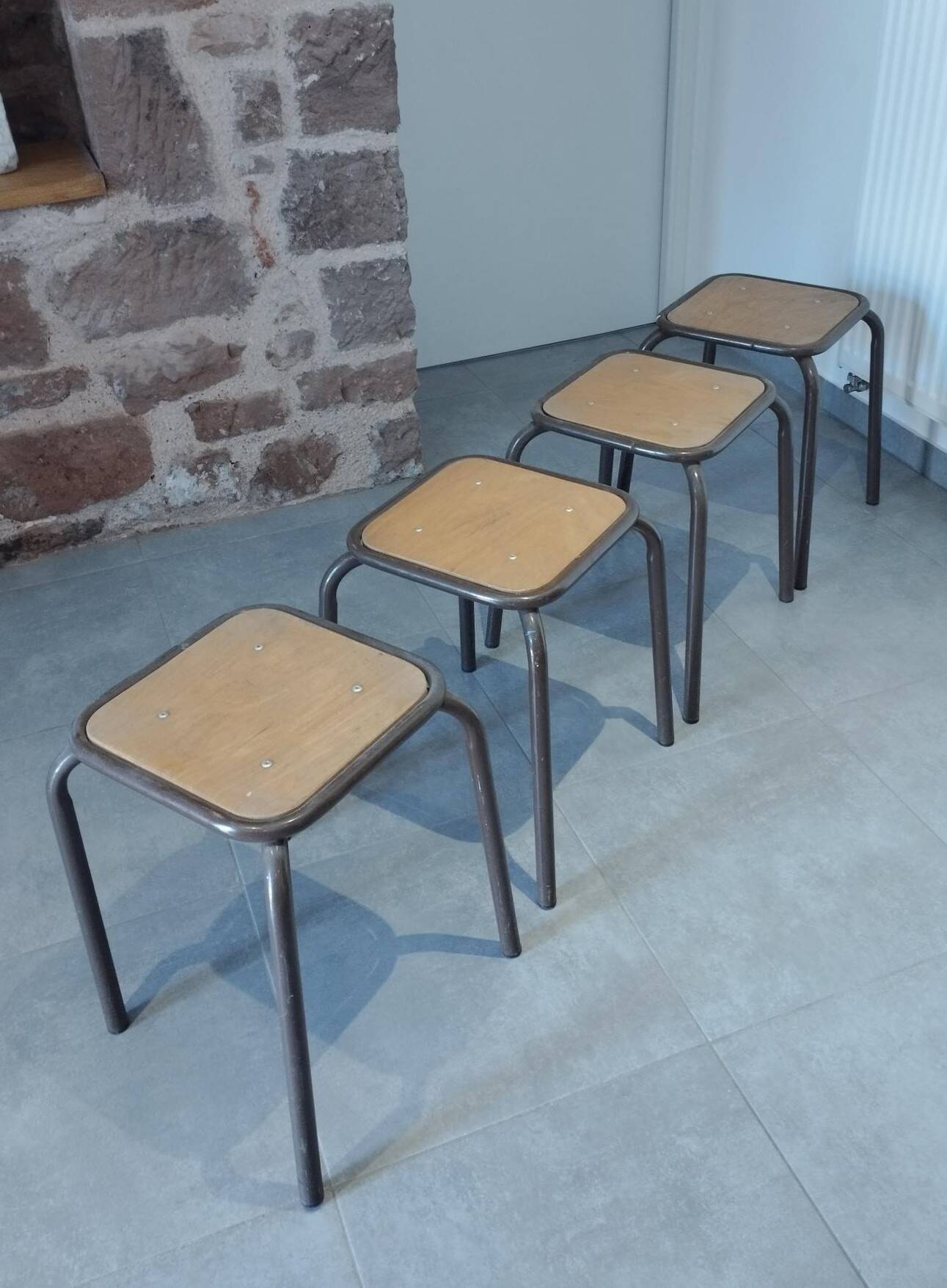 4 vintage industrial Mullca stools, workshop, school