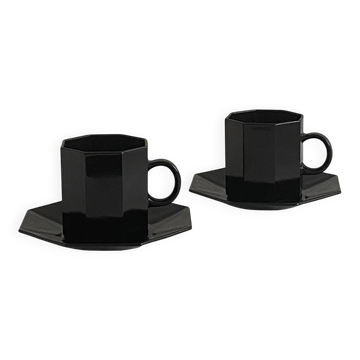 Lot de 2 tasses et sous-tasses Octime octogonales en verre noir