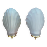Pair of Art Deco shell wall sconces in frosted glass and brass.