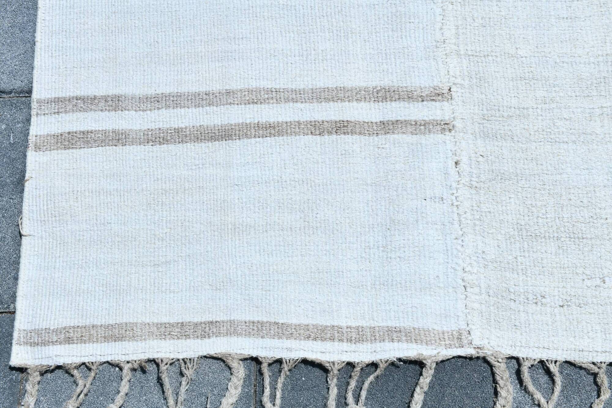 Turkish Vintage Minimalit Striped Kilim Rug, Handmade Oushak Wool Carpet