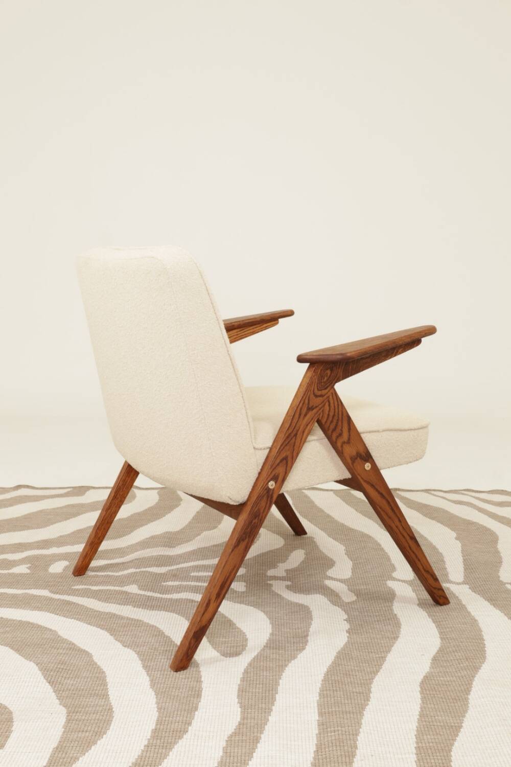 Scandinavian beige boucle armchair modern design rustic oak