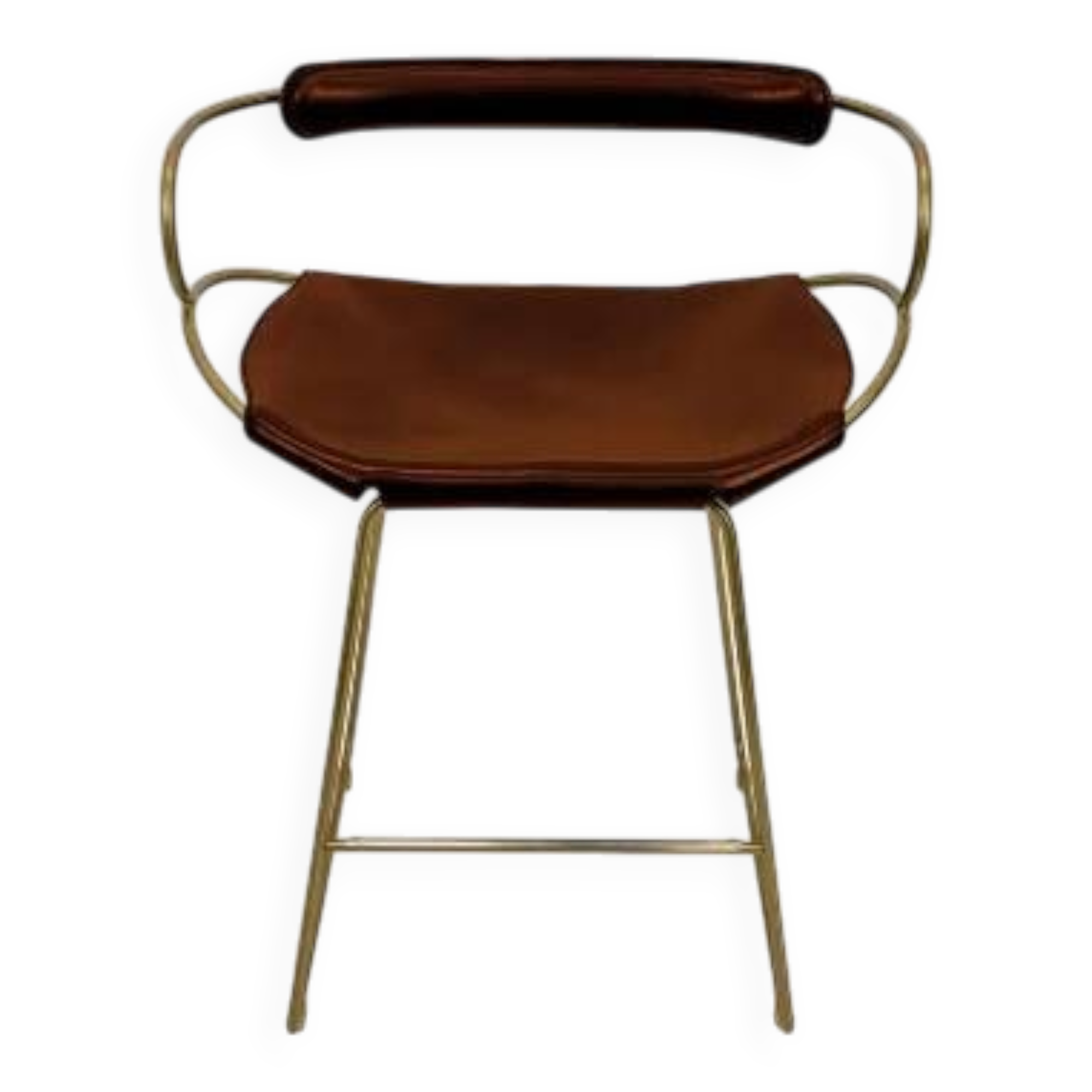 Contemporary sculptural bar stool with a metal back in aged brass and cognac leather.