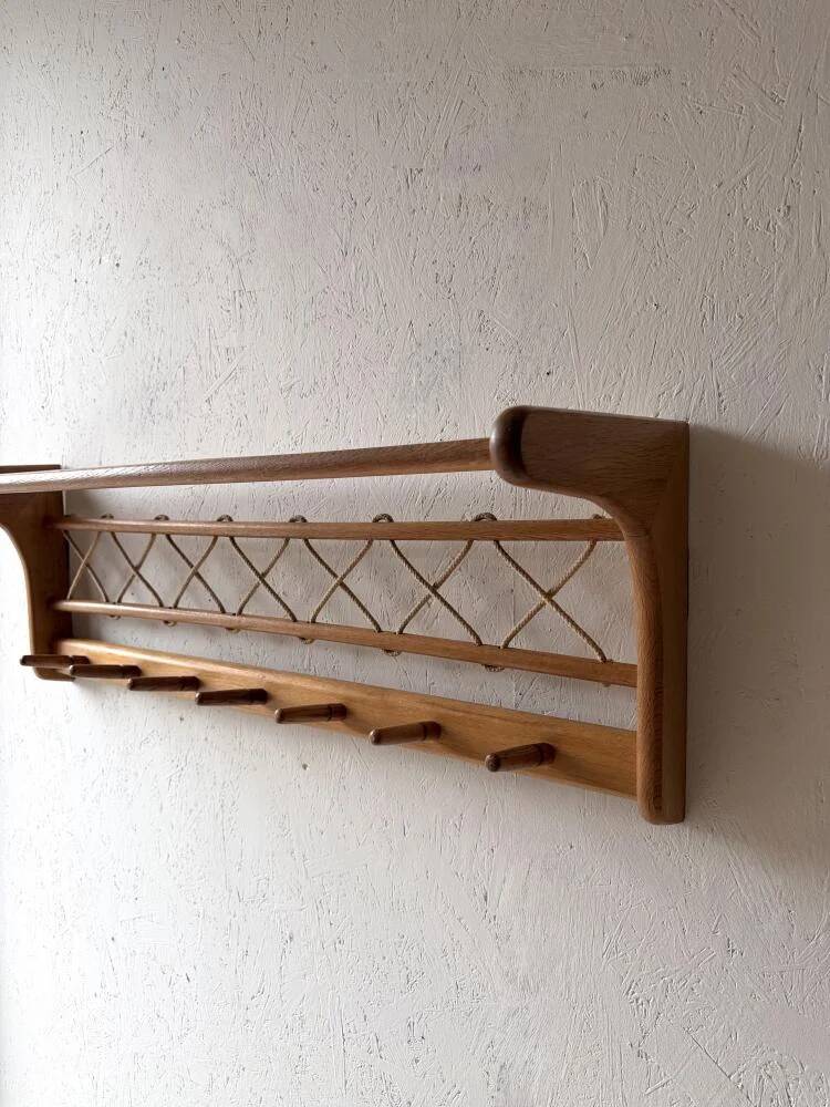 Vintage oak wall coat rack with braided cord 1960s