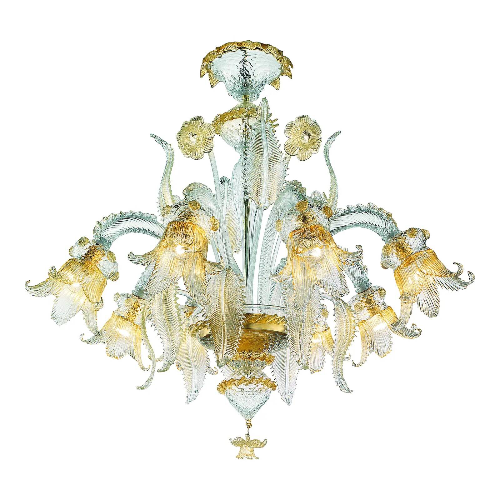 Ornate Clear and Gold-Leaf Murano Glass Floral Chandelier — Italian Design