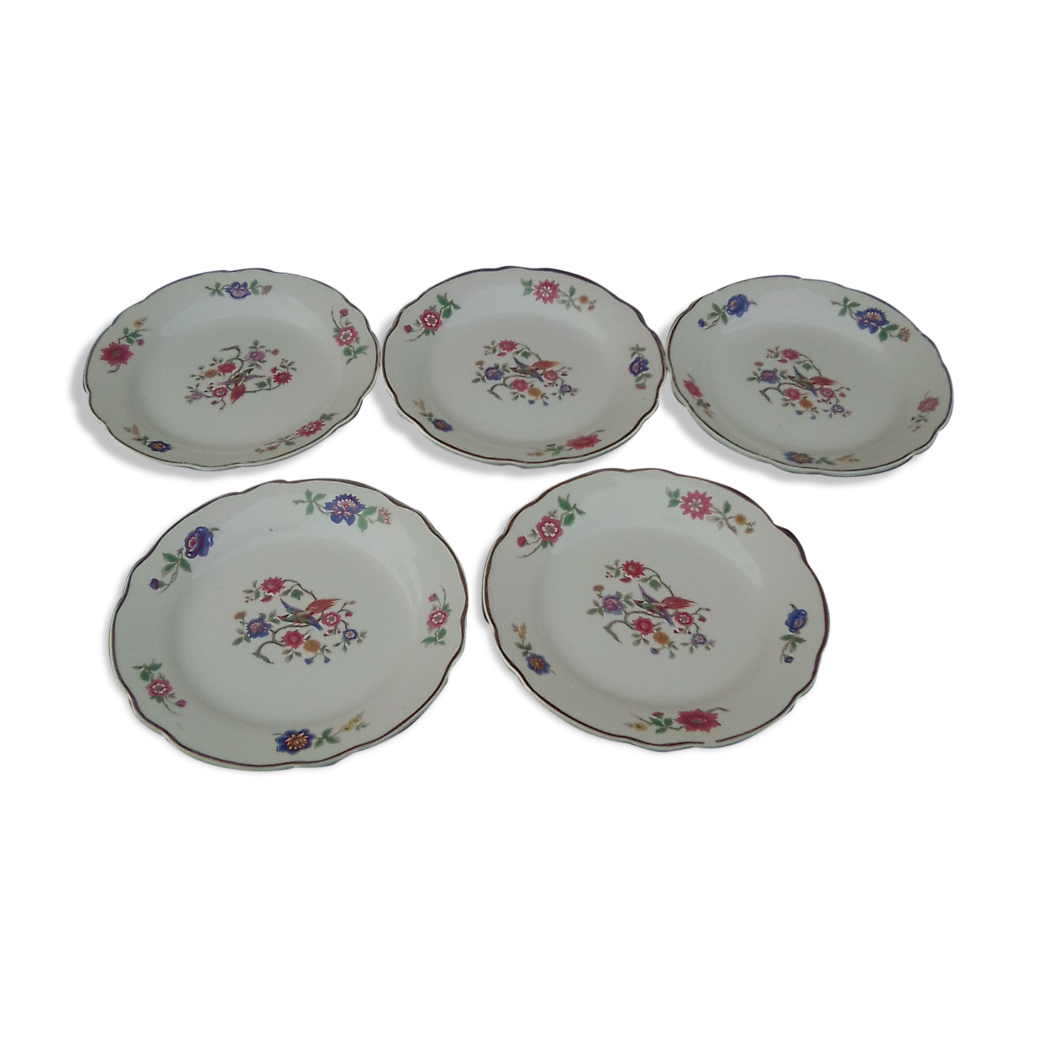 5 assiettes à dessert en faïence de Digoin Sarreguemines décor oiseaux et fleurs diam 18 cm
