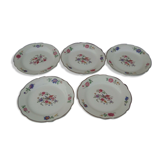 5 dessert plates in digoin Sarreguemines earthenware decoration birds and flowers diam 18 cm