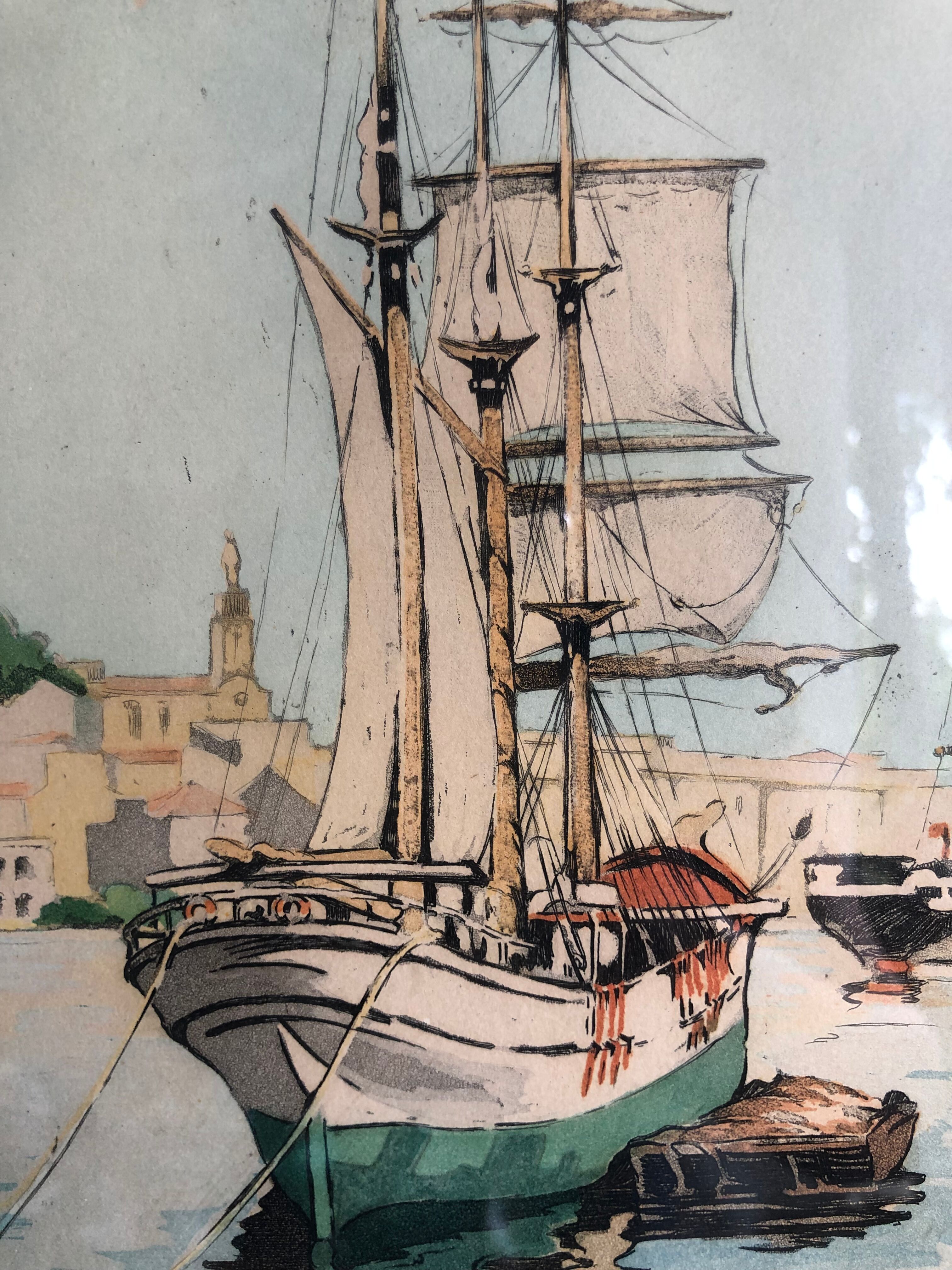 Framed engraving port landscape