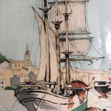 Framed engraving port landscape