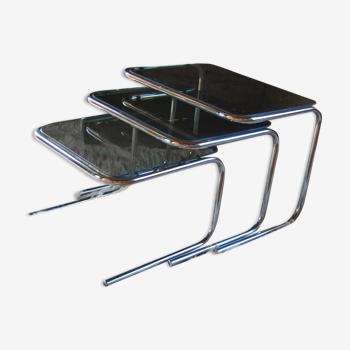 Trundle tables in smoked glass and chrome 70s