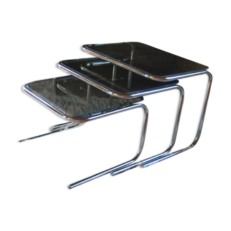 Trundle tables in smoked glass and chrome 70s