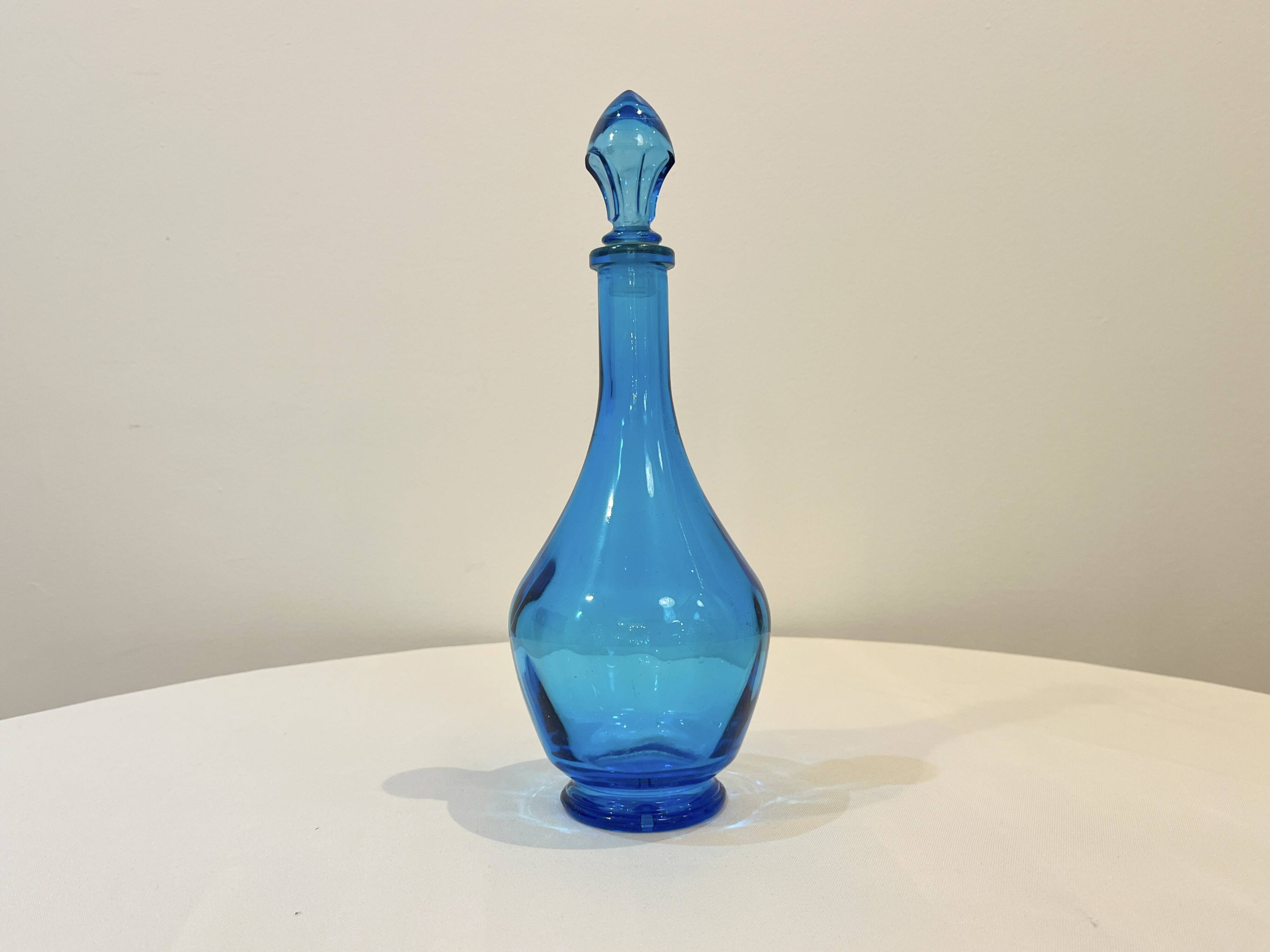 Vintage blue glass bottle Carafe with stopper Made in Belgium
