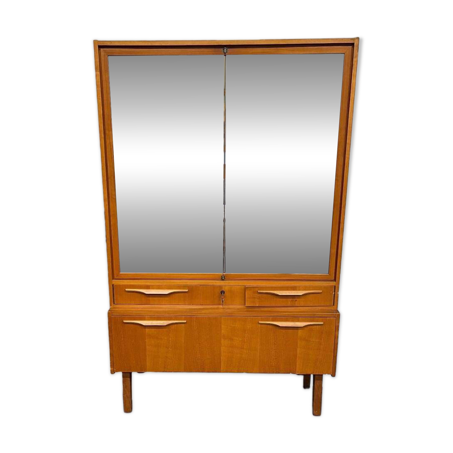 Vintage wooden wardrobe/shelf with mirror doors.