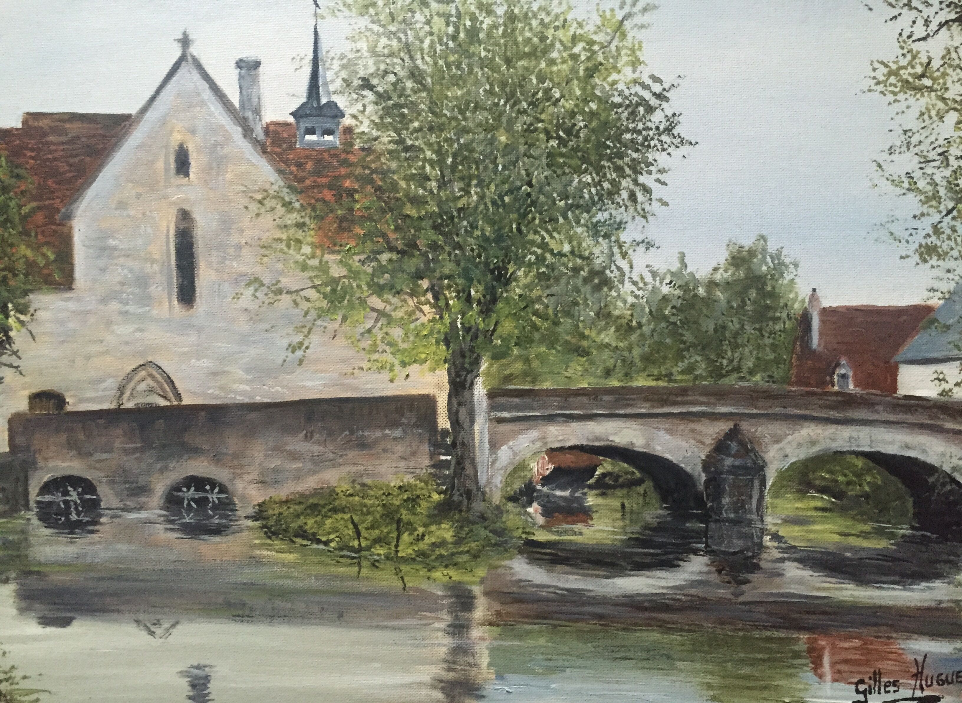 Oil on canvas: bridge over the river