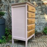 Vintage powder pink compass leg chest of drawers from the 1950s