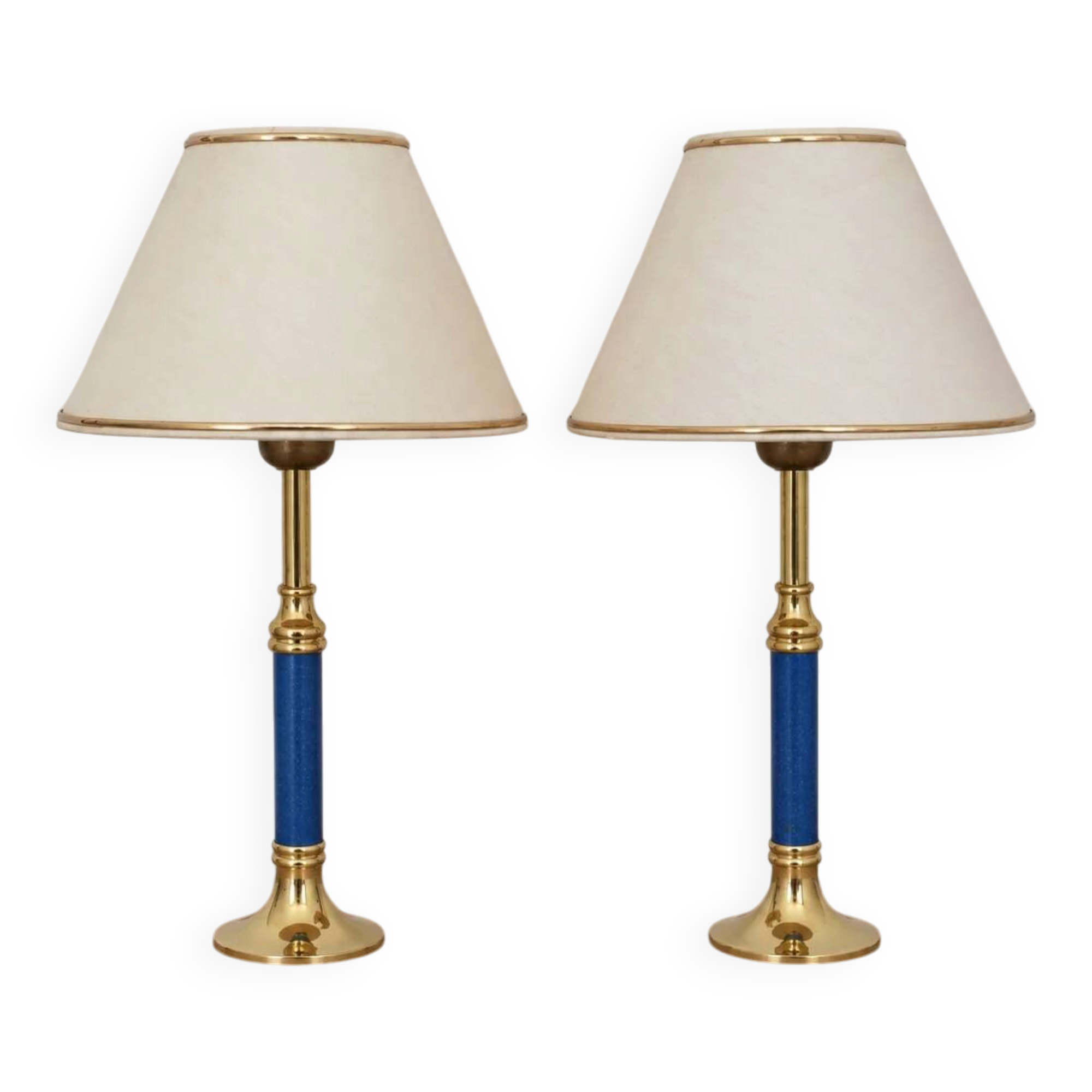 Pair of blue and gold bedside lamps with cream shades – H38 cm