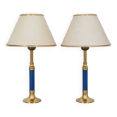 Pair of blue and gold bedside lamps with cream shades – H38 cm