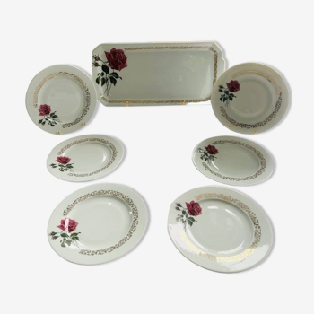 Assiettes à dessert vintage - porcelaine blanche motif rose et liseré doré