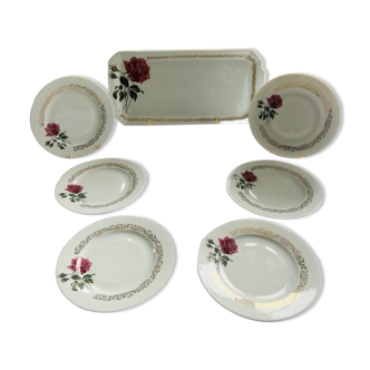 Vintage dessert plates - white porcelain with rose pattern and gold edging