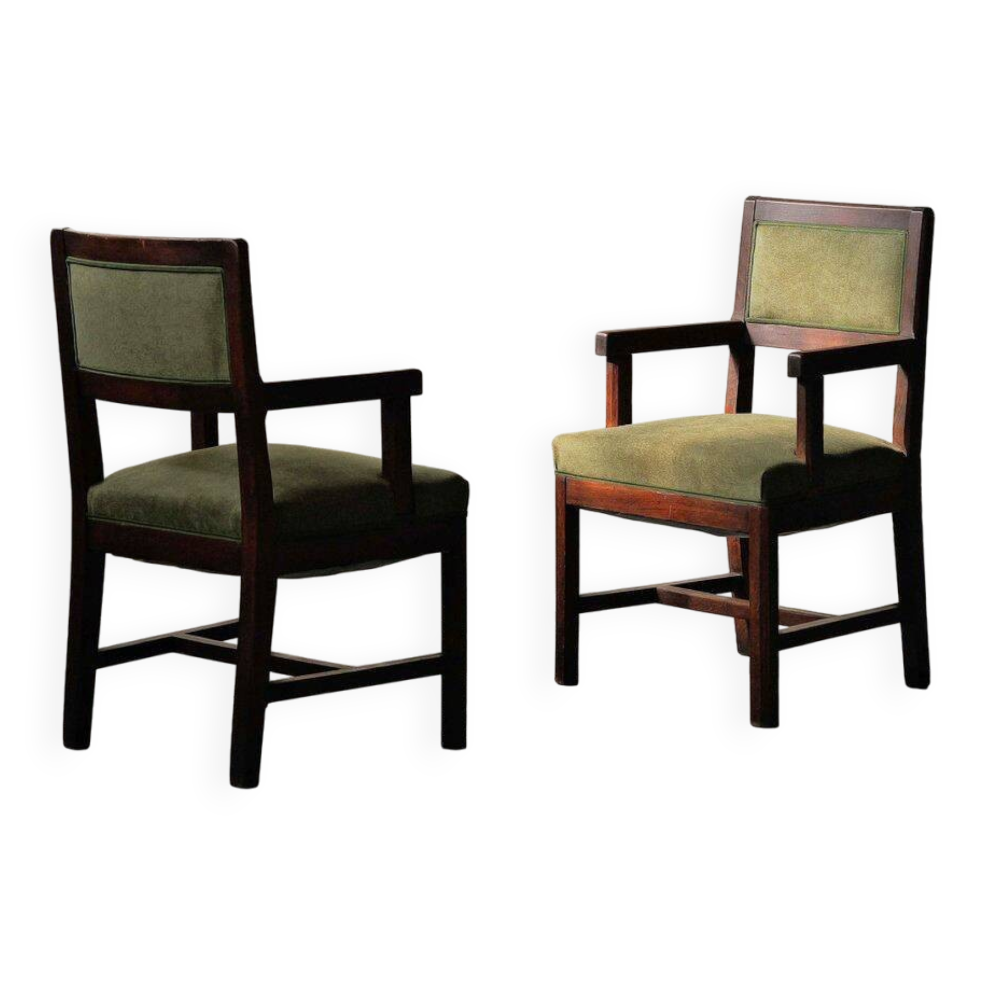 Pair of modernist armchairs in solid oak, France, circa 1940.