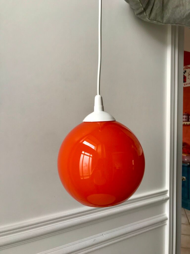 Hanging lamp ball in opaline orange 70s