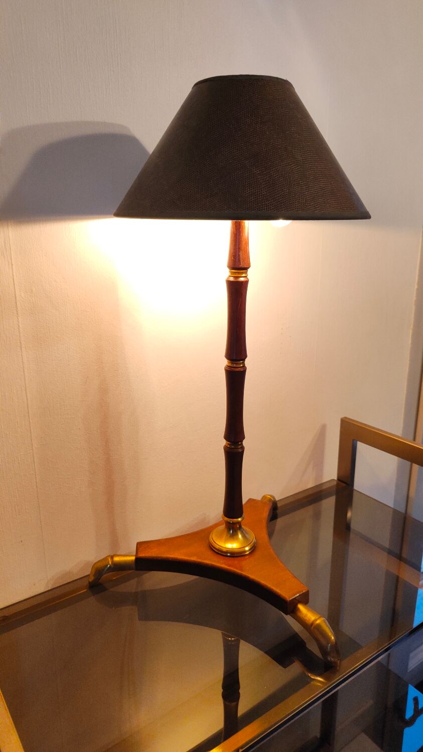 Art Deco tripod lamp in wood and brass signed France Paris