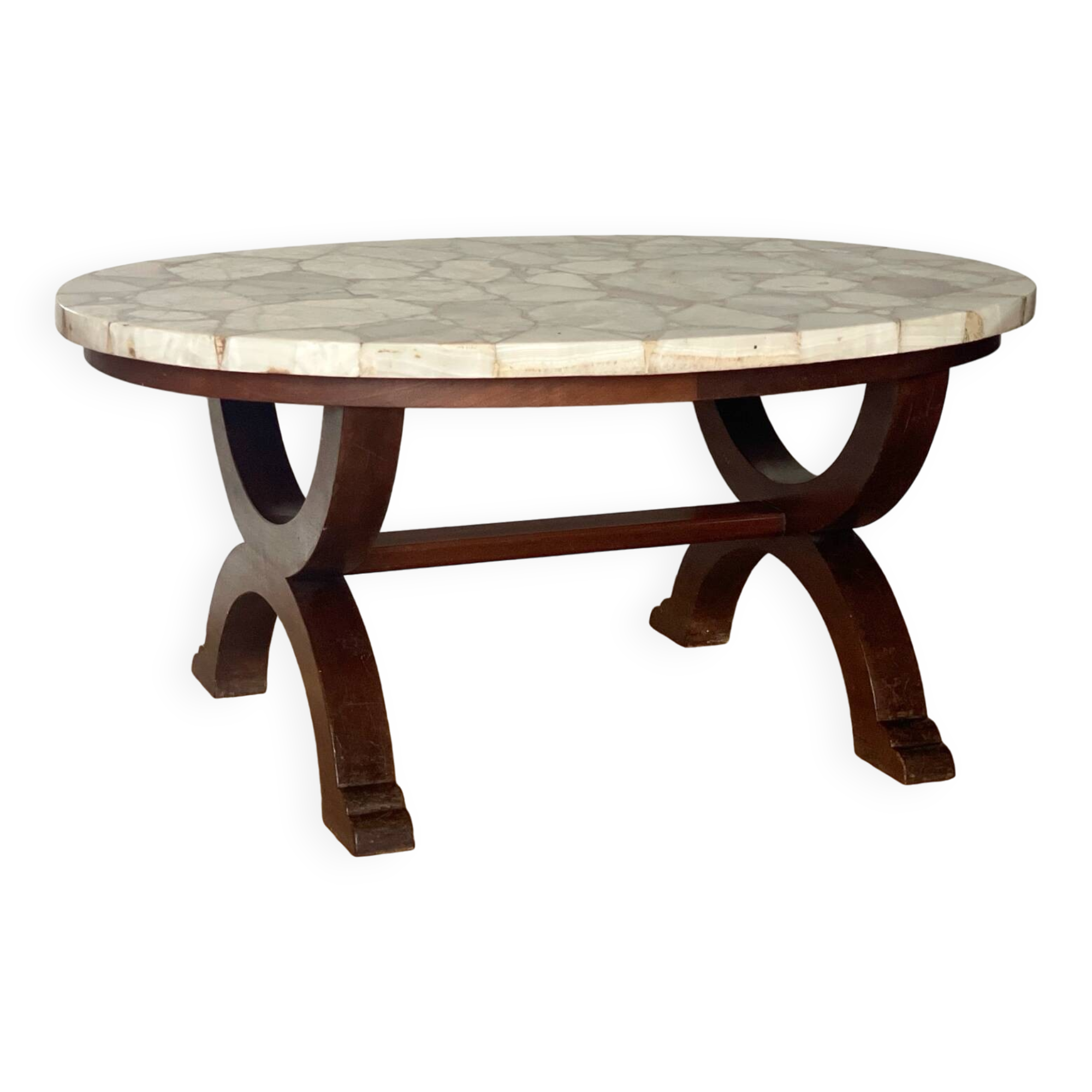 Coffee table in wood, marble and onyx.