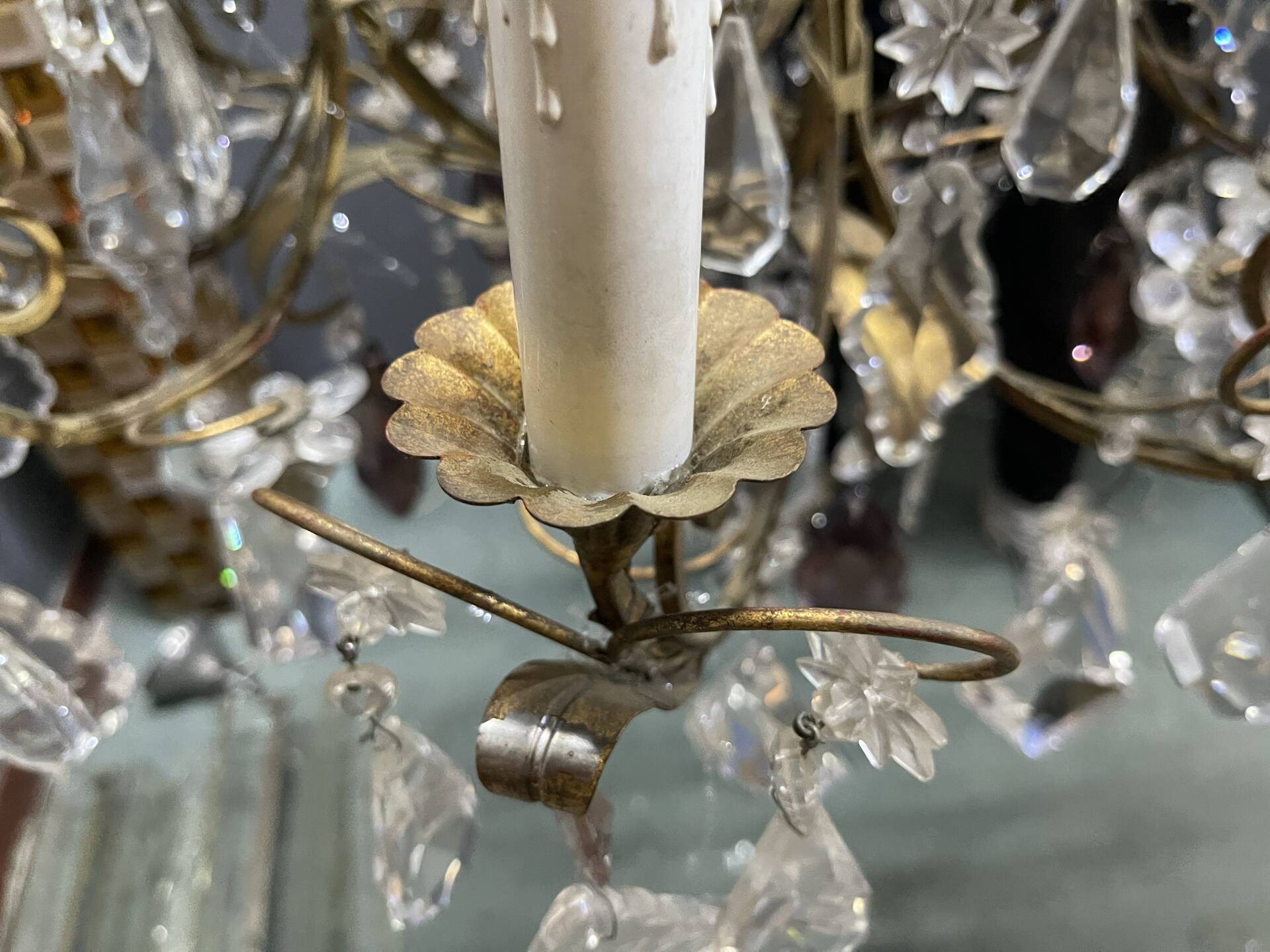 Large Florentine Tole Chandelier with Murano Glass Flowers, Italy, 195