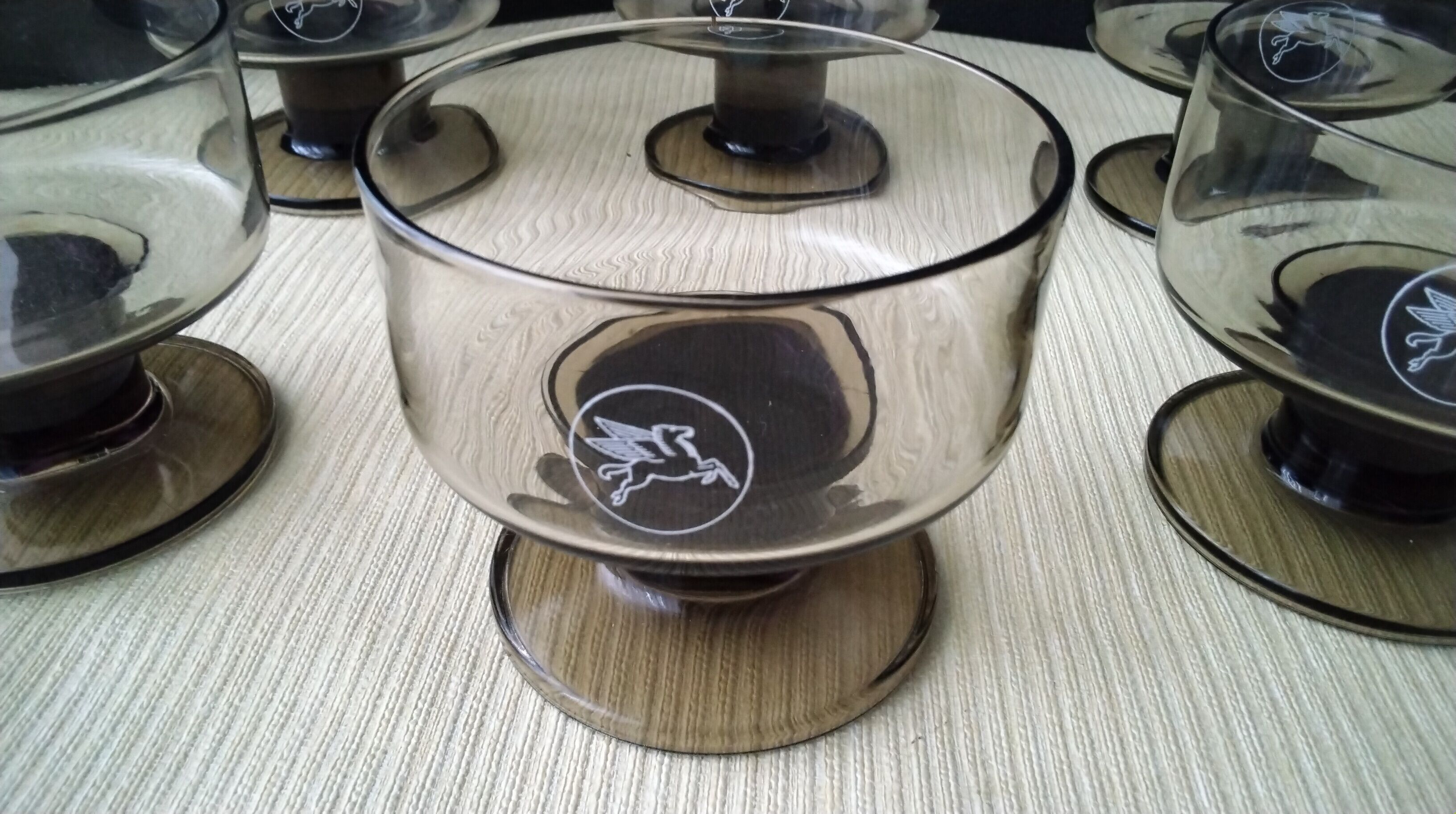 Set of 6 vintage smoked color cups 70s pegasus medallion