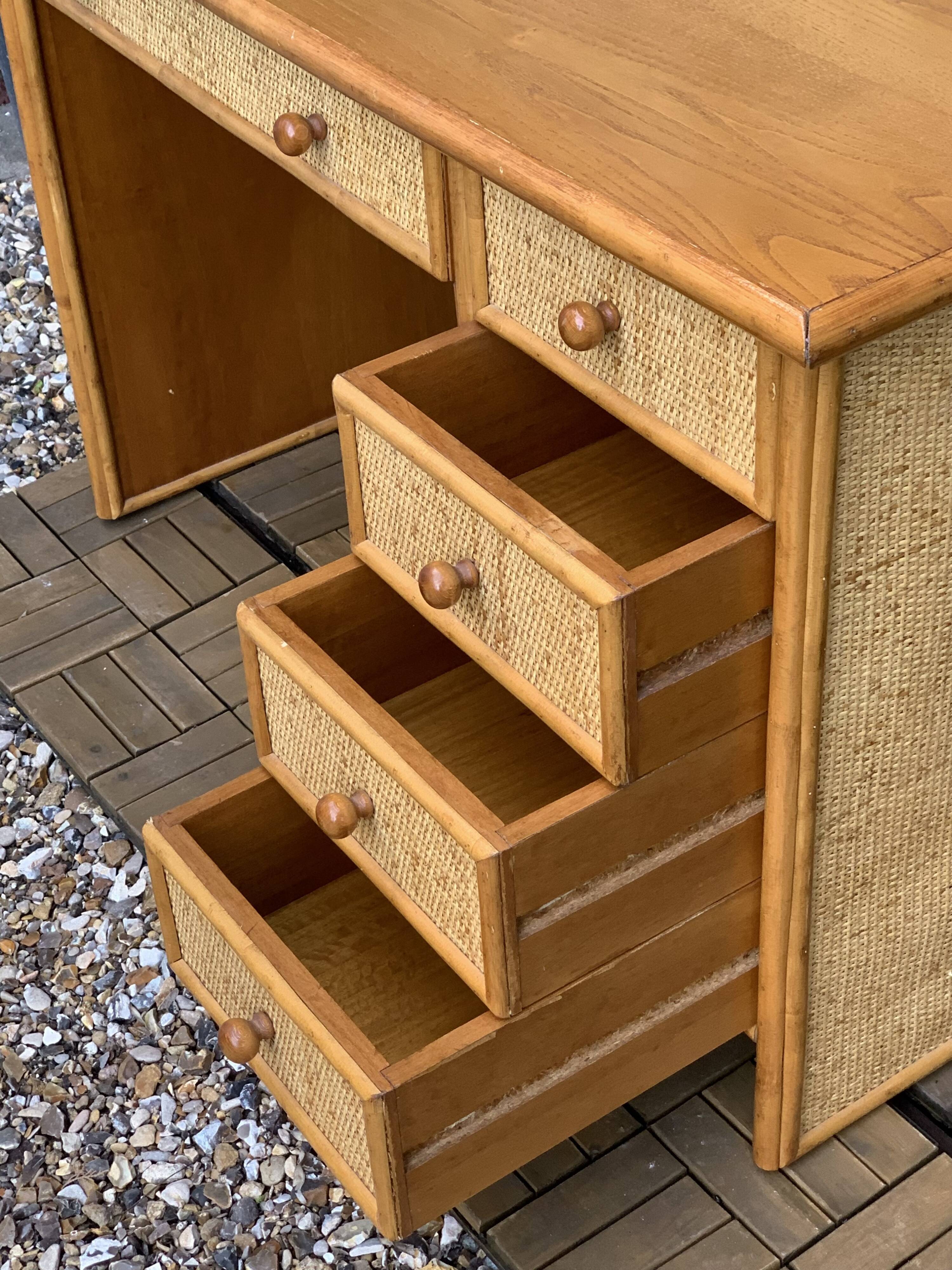 Vintage rattan and woven wicker desk 1970