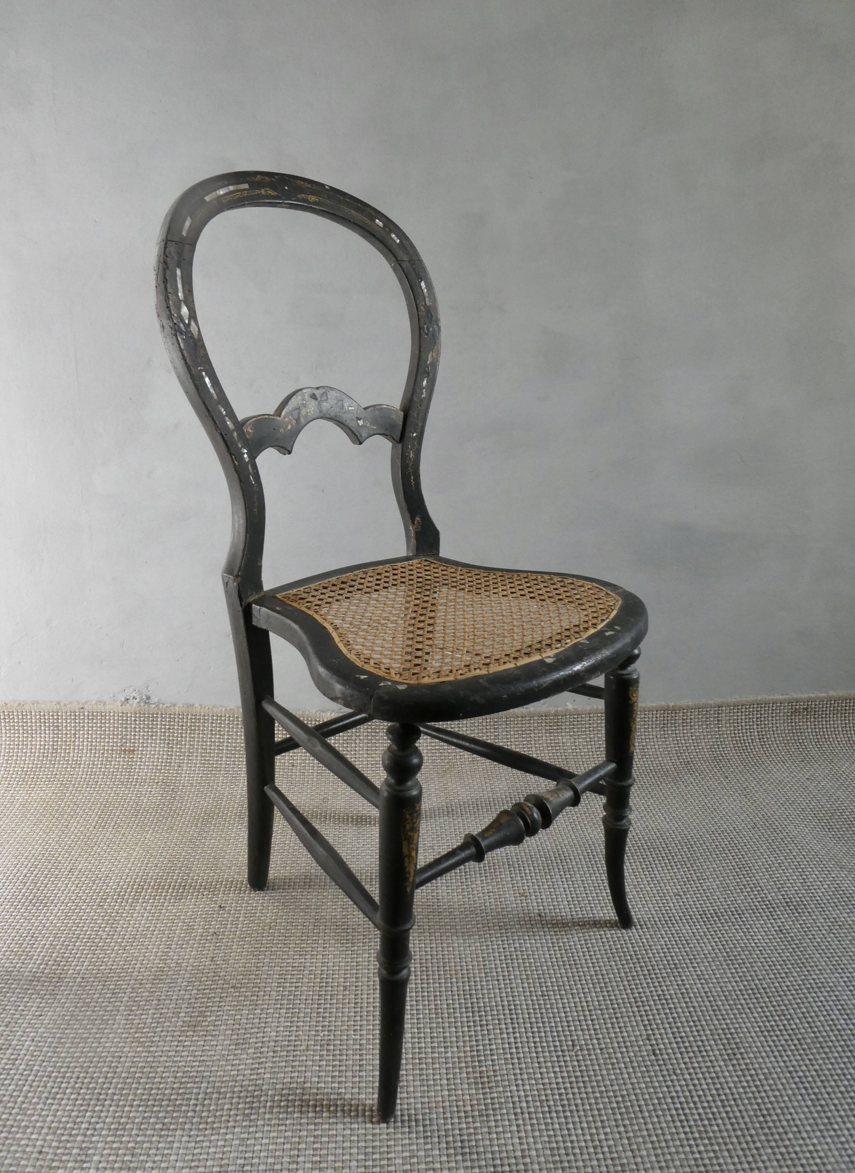 Napoleon III cane chair in blackened wood and mother-of-pearl