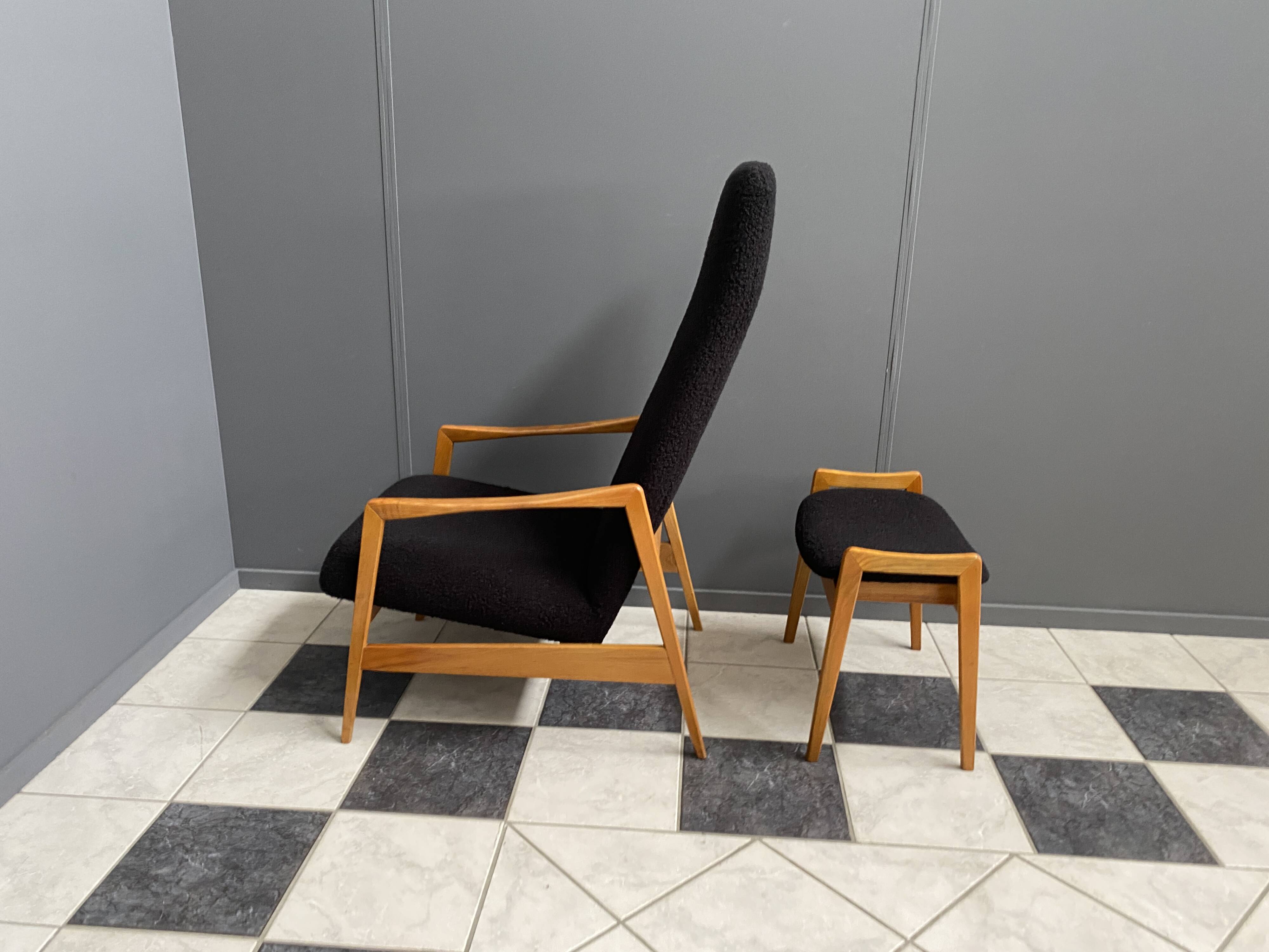 Highback chair with ottoman in black boucle