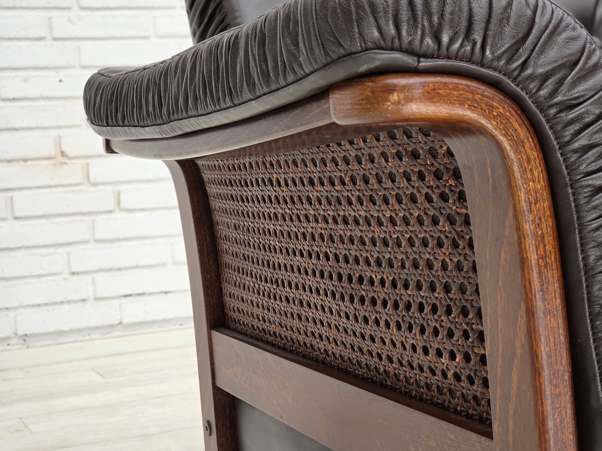 1970s, Scandinavian armchair, brown furniture leather, teak wood legs.