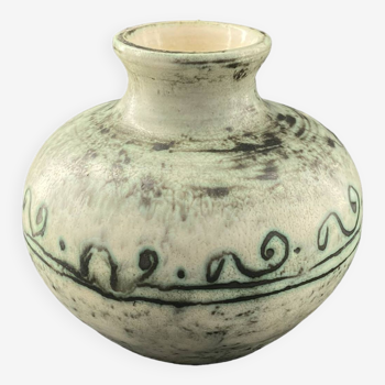 Jacques BLIN (1920-1995): Small ovoid-shaped enameled earthenware vase with a green background