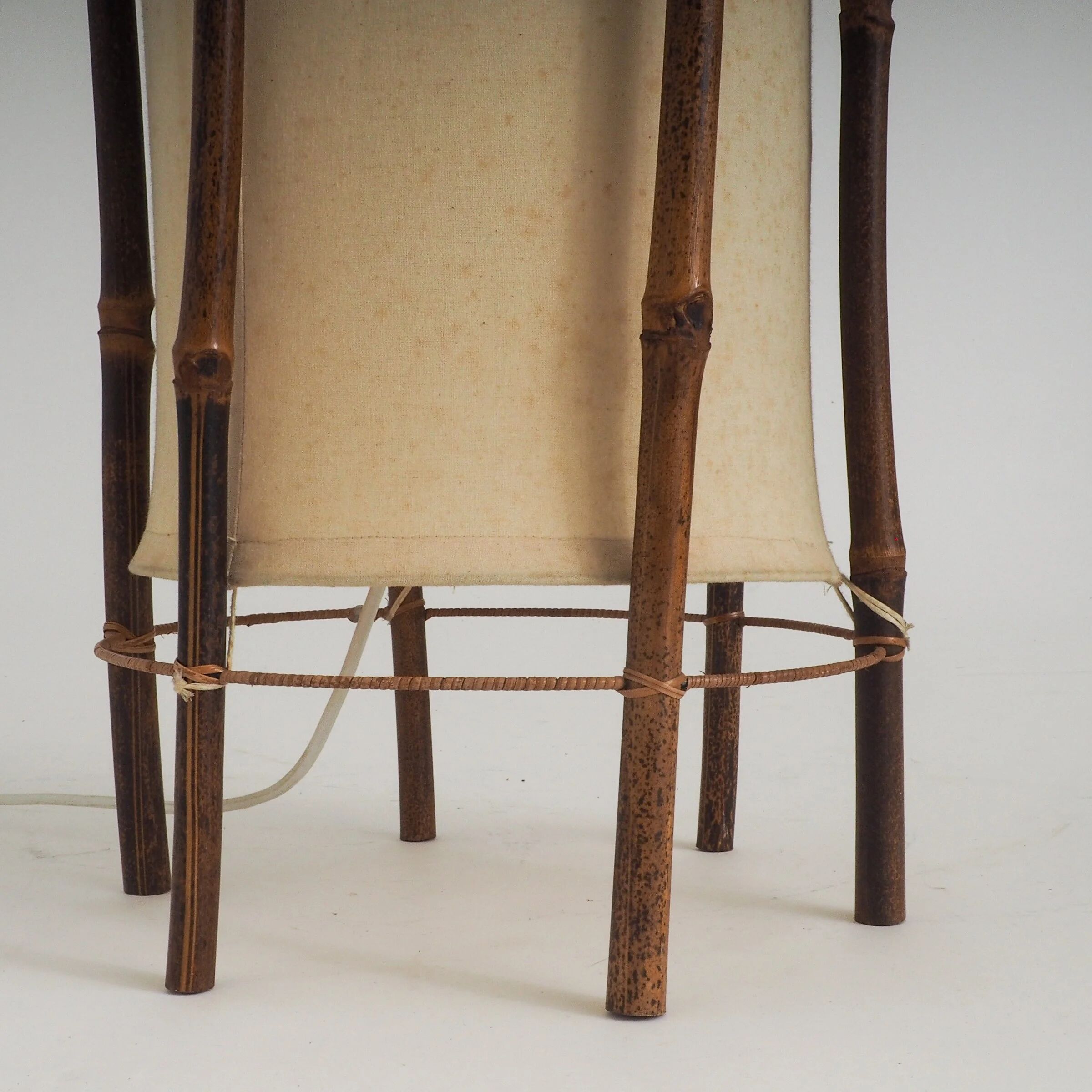 Large bamboo & linen floor lamp by Louis Sognot