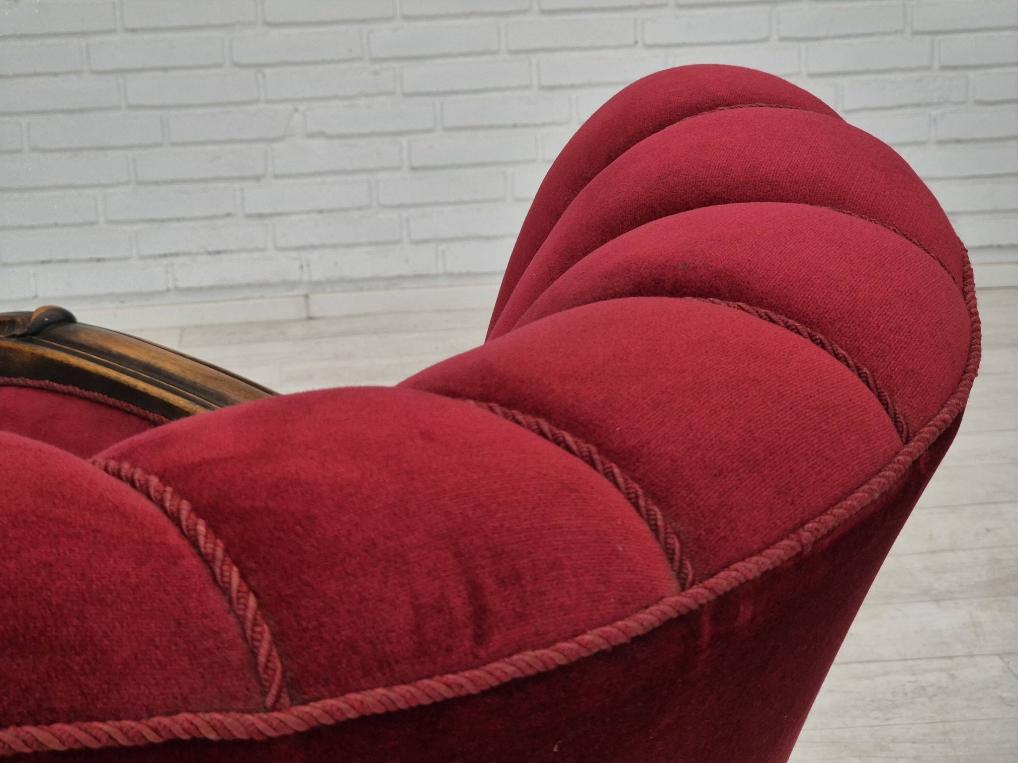 1950s, Danish armchair with footstool, furniture velour, ash wood.