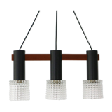 Hanging lamp from teak, steel, and glass