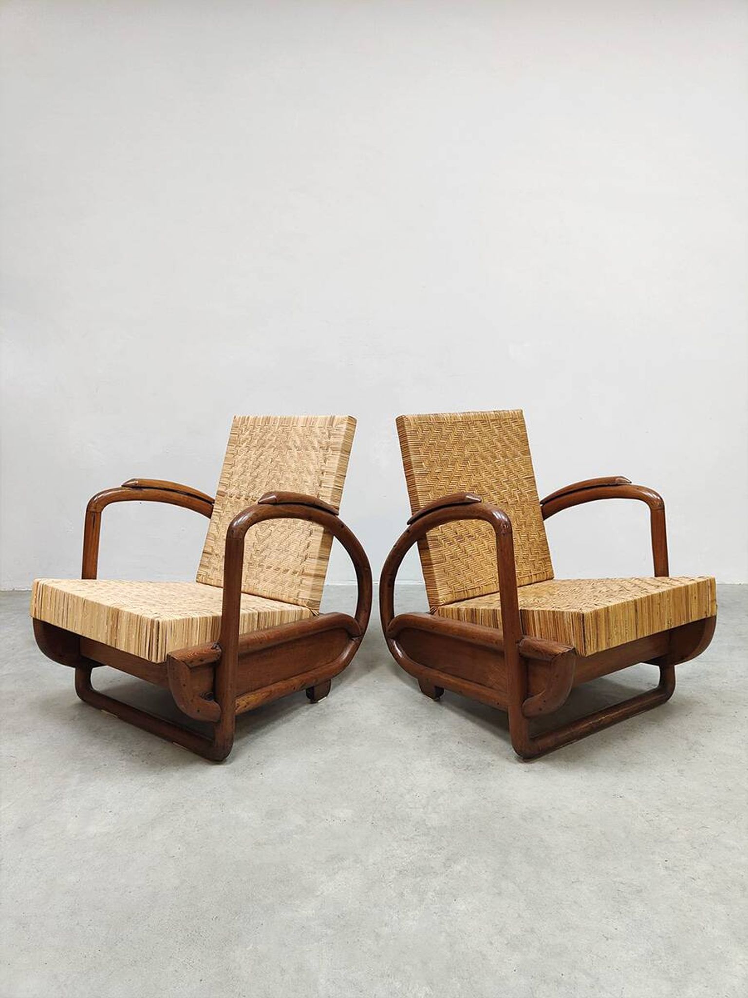 2 fauteuils en rotin tressé, Art Déco