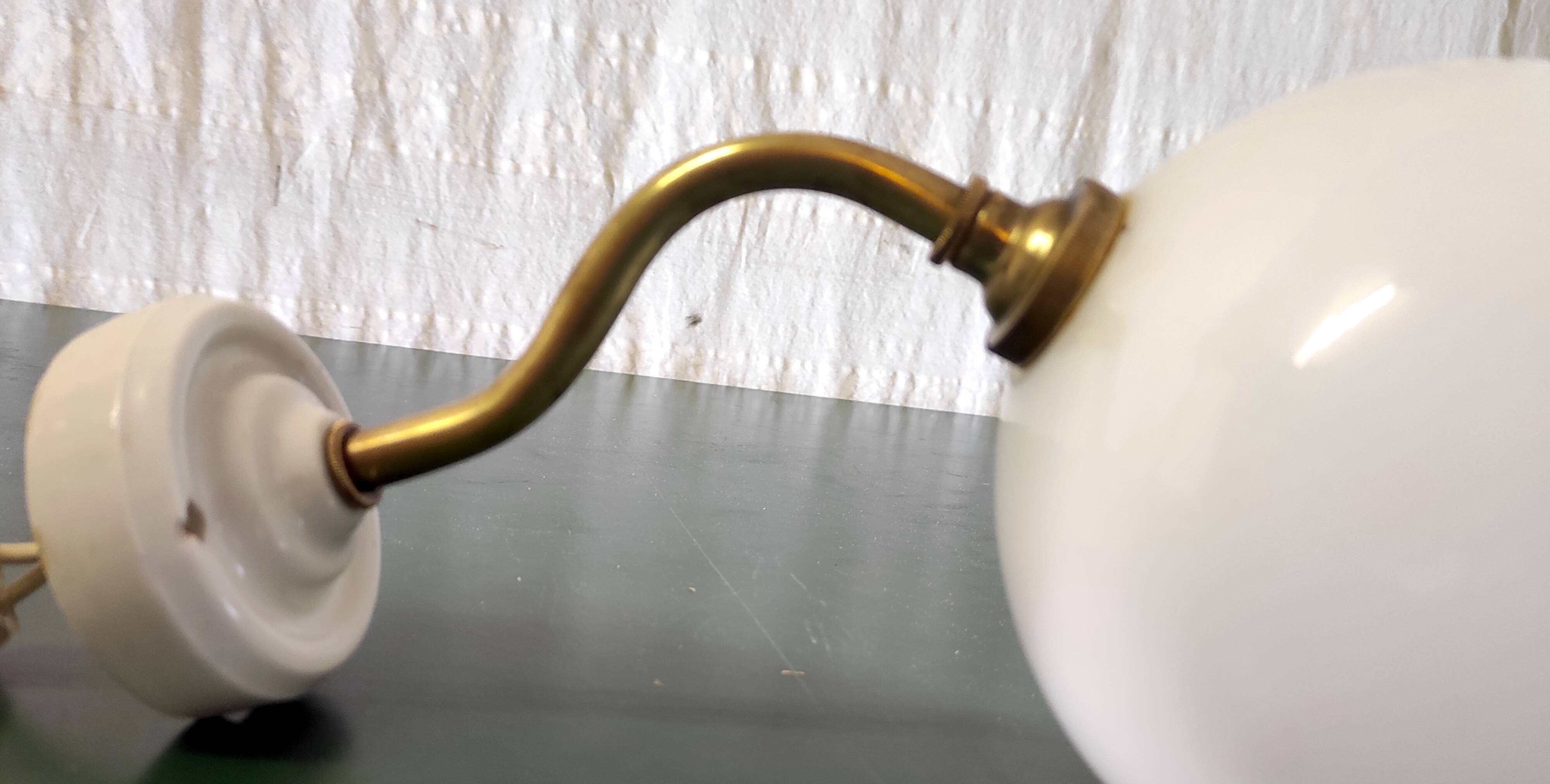 Swan neck wall lamp in gilded brass and opaline globe - mid-20th century