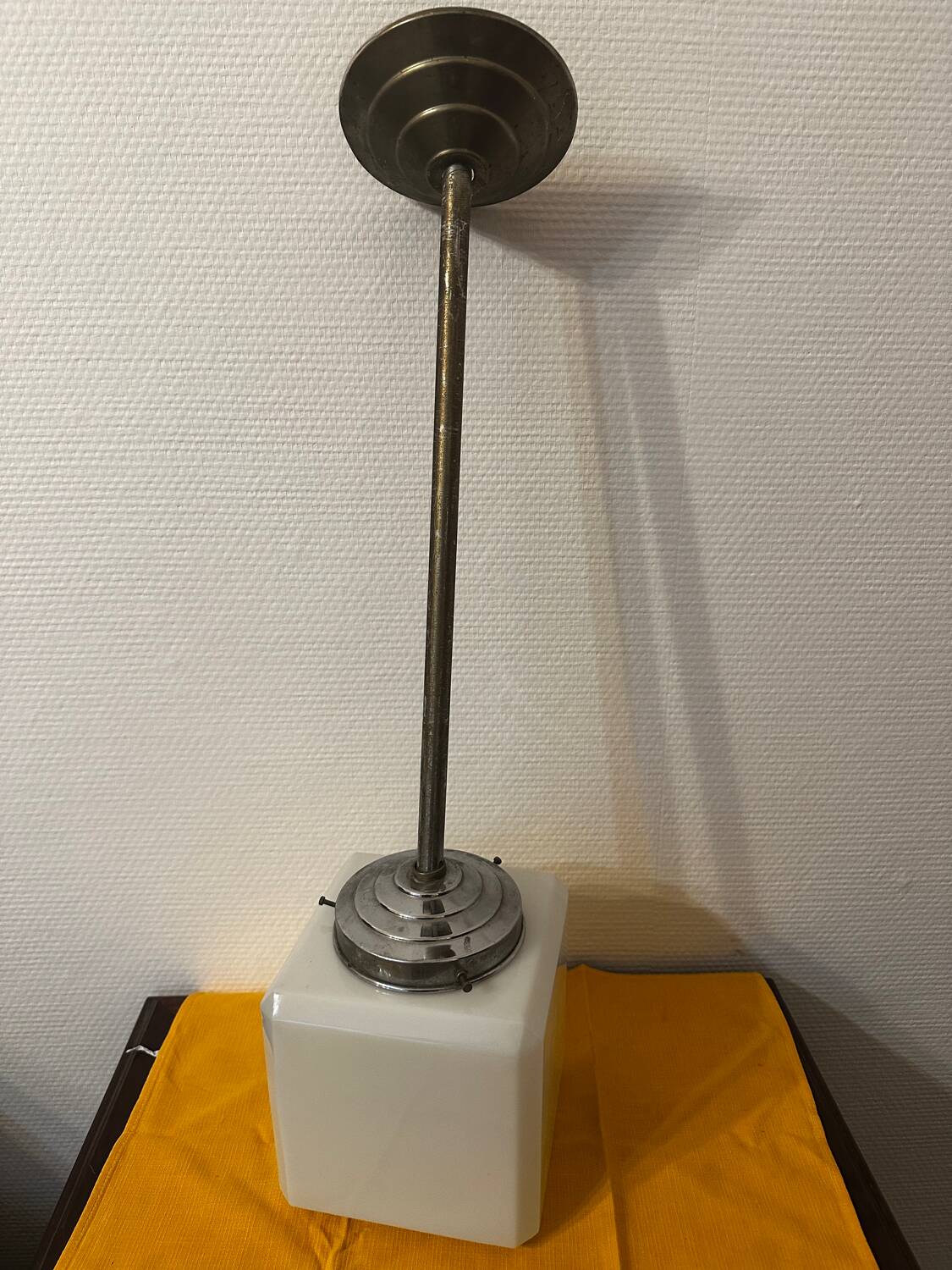 Opaline cubic pendant lamp in Art Deco style attributed to Walter Georg Kostk.