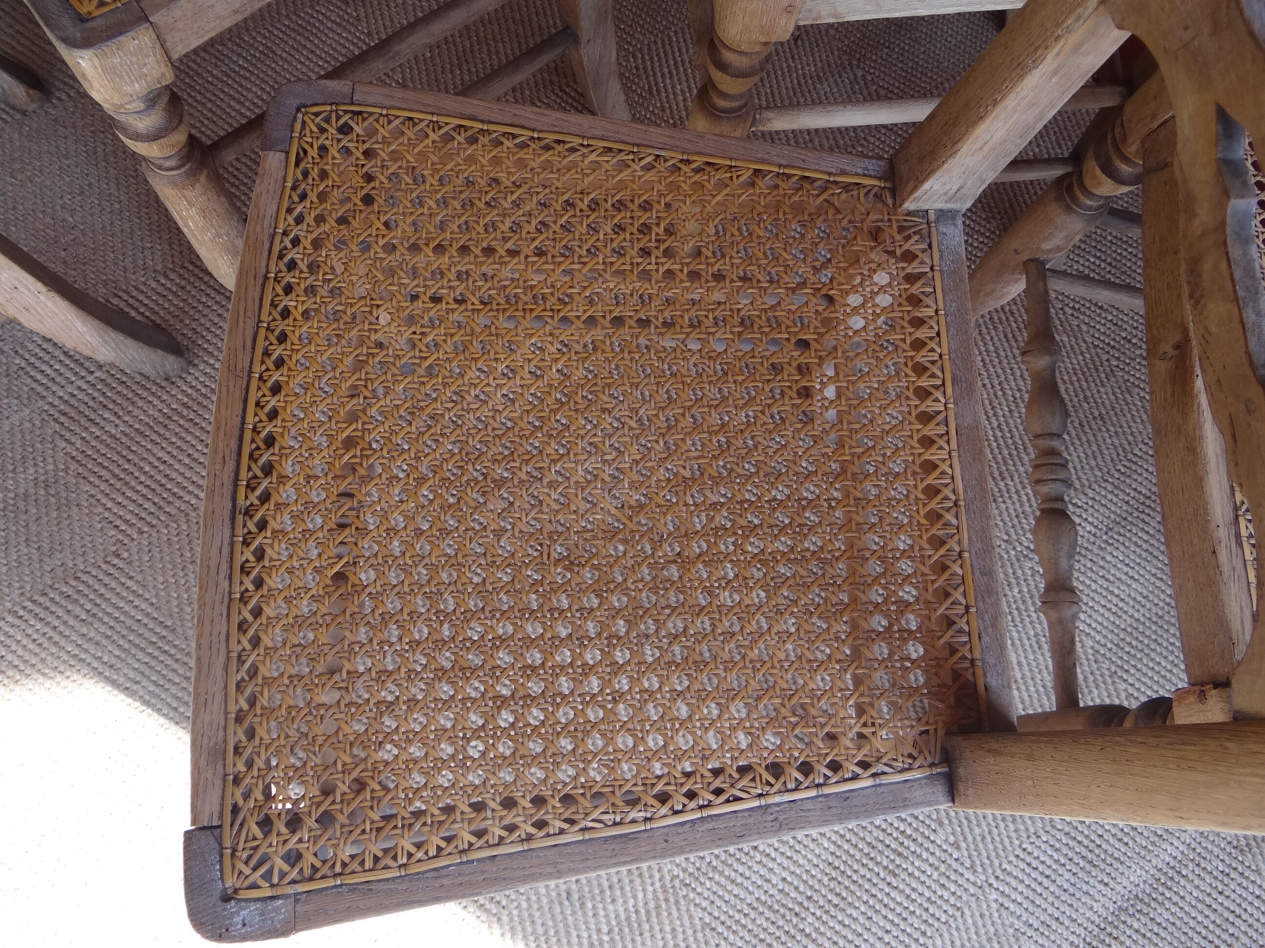 Suite of oak chairs; canated seats