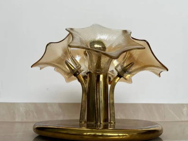 MidCentury Sputnik Flower Ceiling Flush Mount, Amber Murano Glass, Sische, 1960s