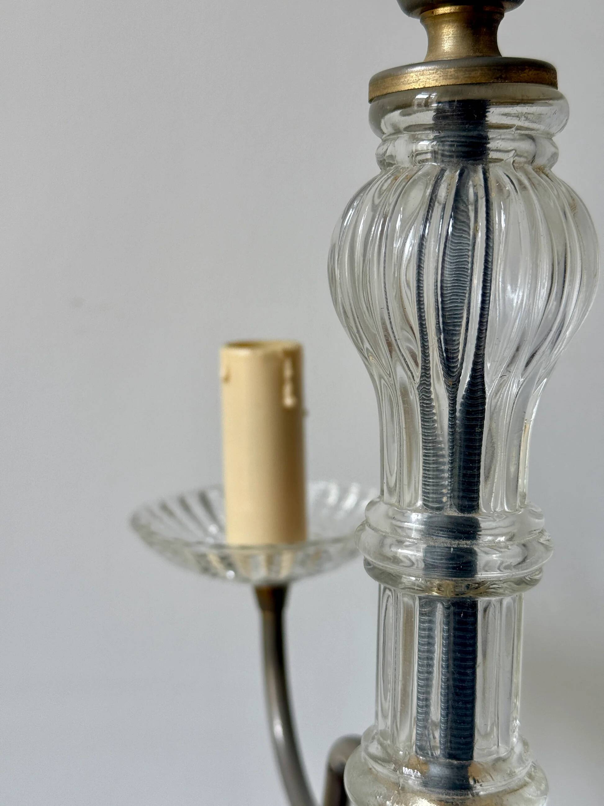 Vintage brass and glass three-branch chandelier