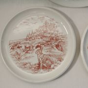 Set of 3 mismatched flat plates - red/burgundy decorations - deer and hare