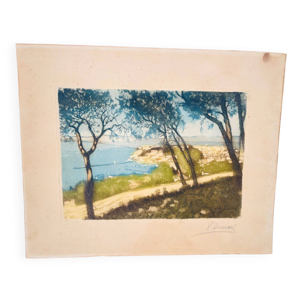 Eau-forte ancienne rehaussée en couleurs – Vue méditerranéenne depuis
