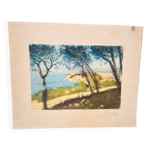 Old colour-enhanced etching – Mediterranean view from