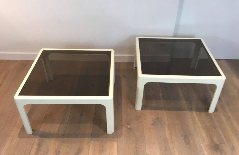Pair of large white lacquered fiberglass side tables. Poschinger