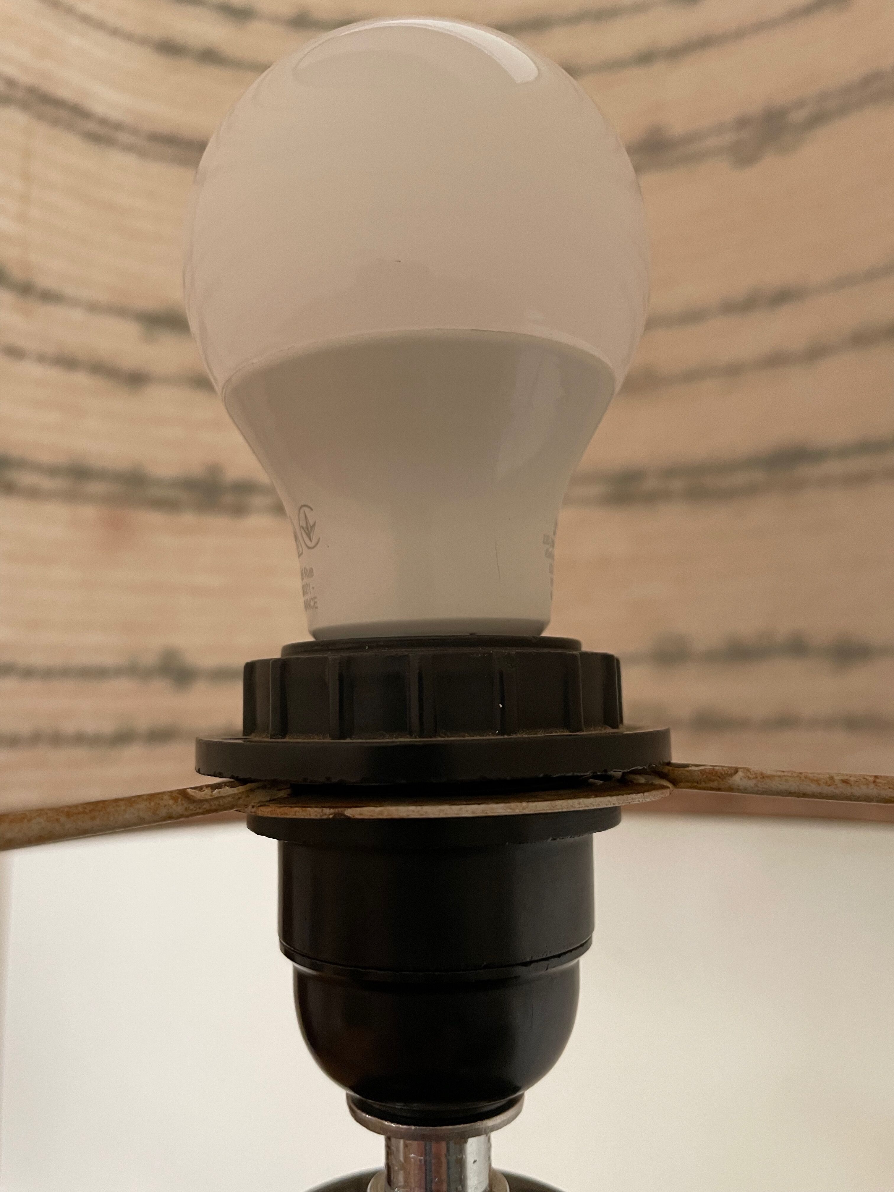 Black glass and metal lamp, vintage wool lampshade
