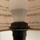 Black glass and metal lamp, vintage wool lampshade
