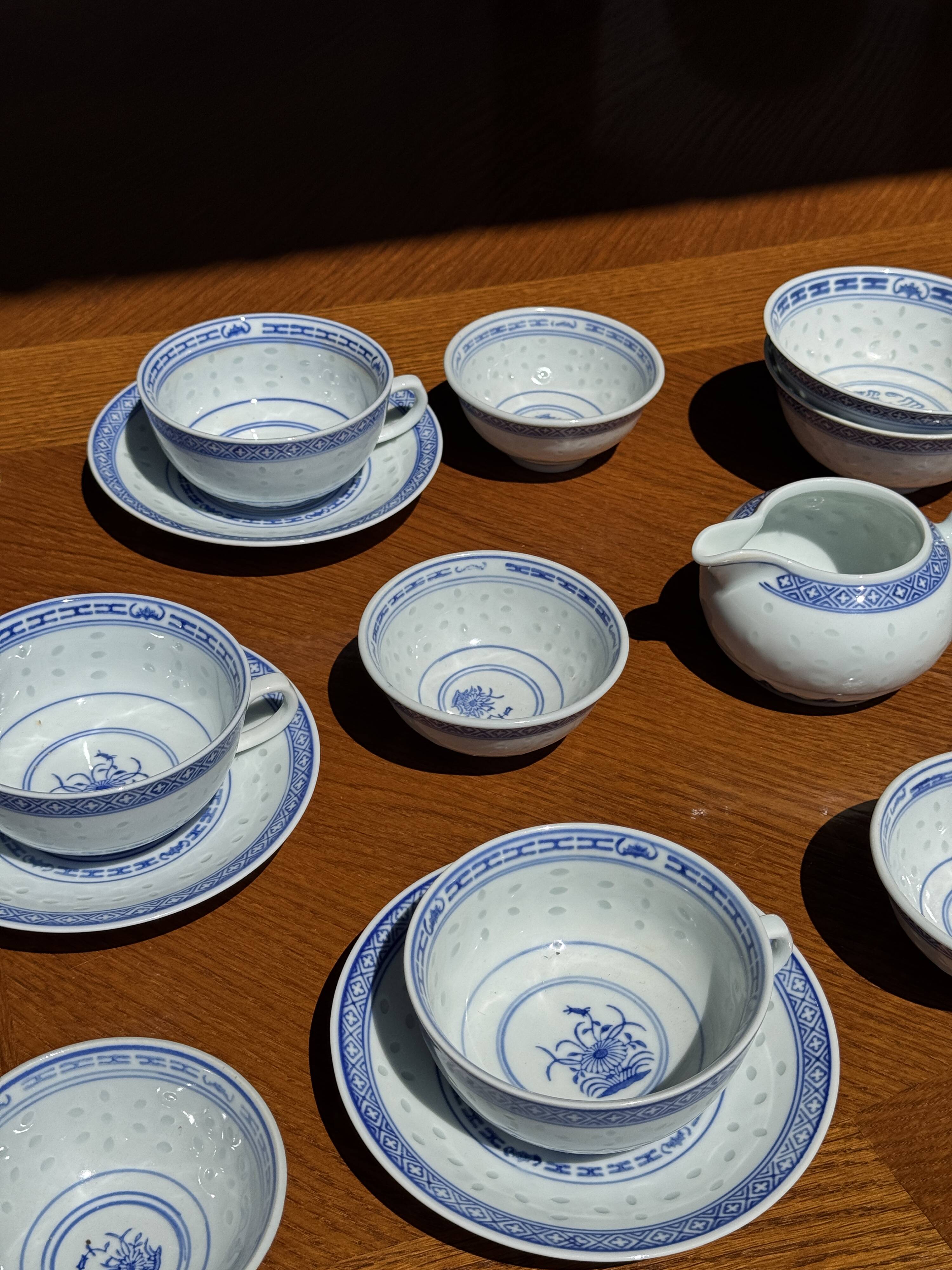 Small Chinese blue and white tea set for 6 cups and saucers.