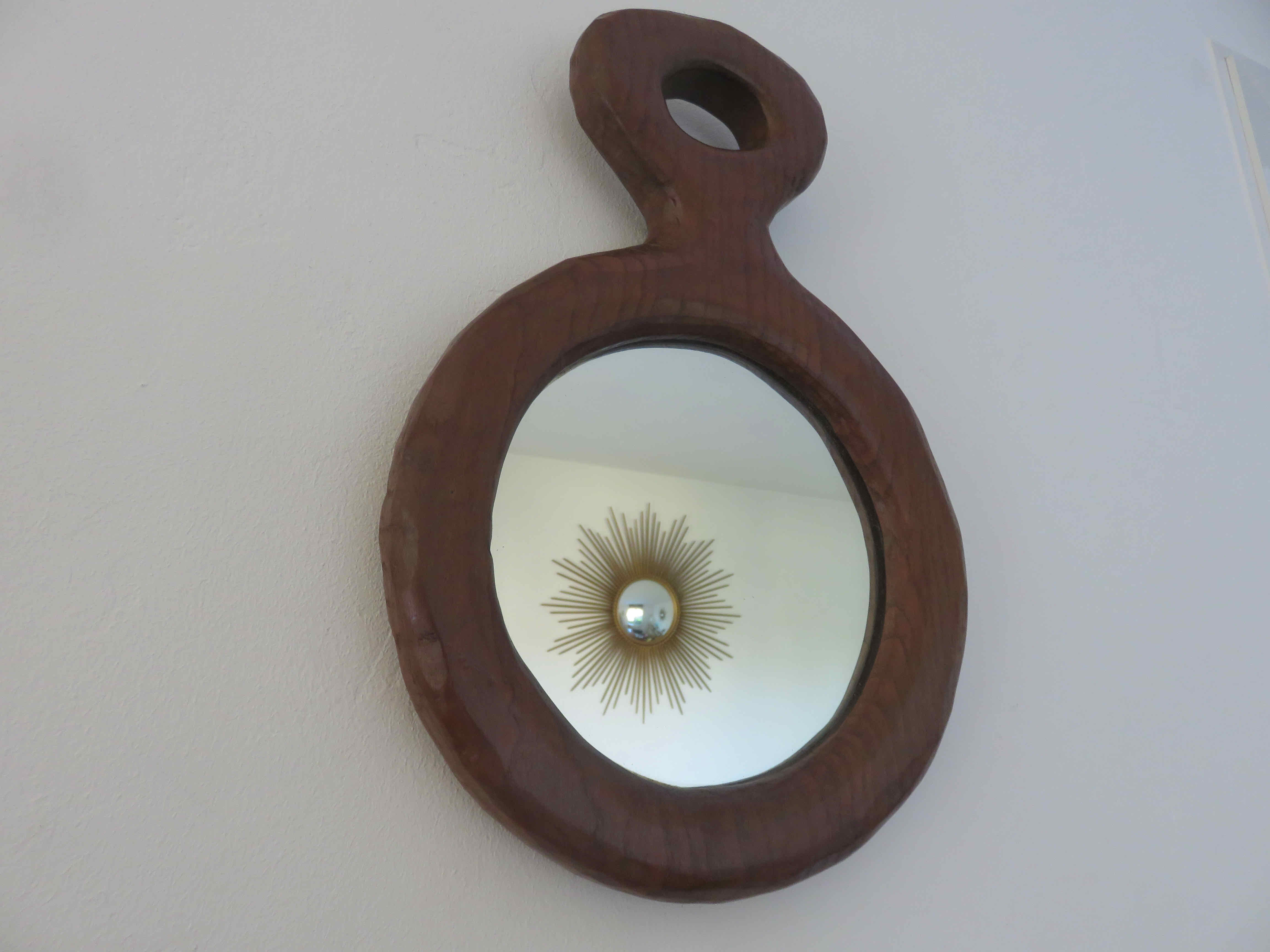 Gouge-cut solid wood mirror, free form, 60s